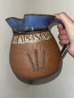 Vintage Steve Ashley Hand Thrown Kansas Wheat Flower Pitcher Vase Jug